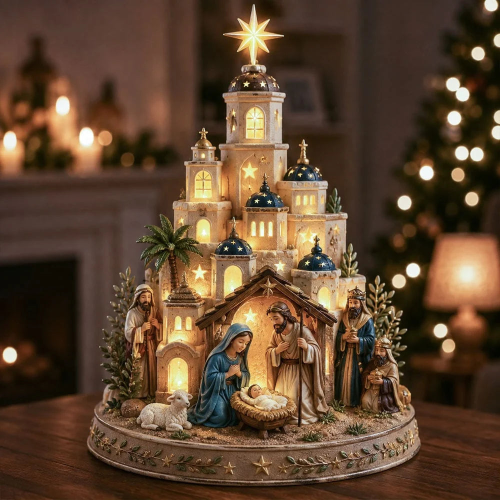 Nativity Church Tower Illuminated Resin Decor