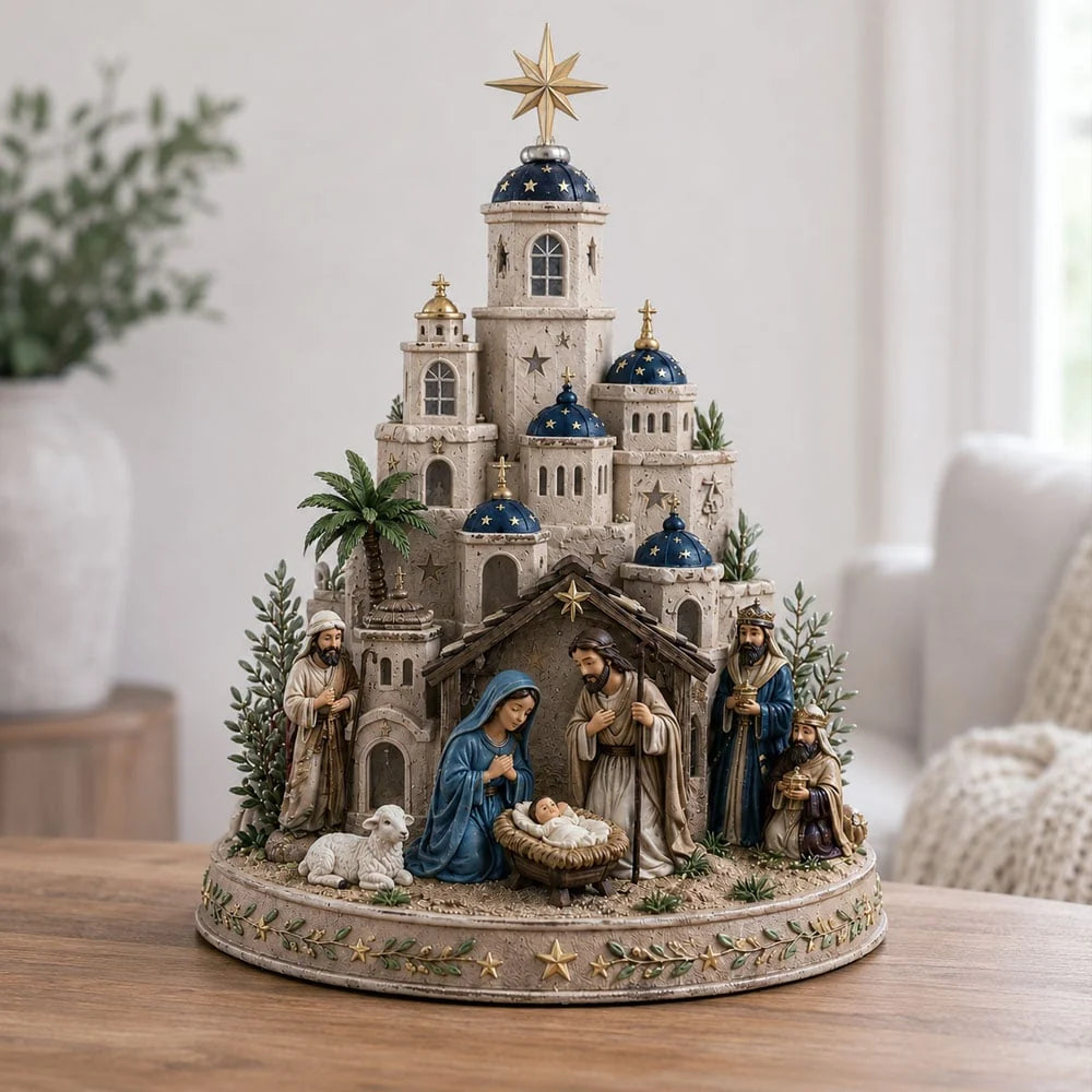 Nativity Church Tower Illuminated Resin Decor