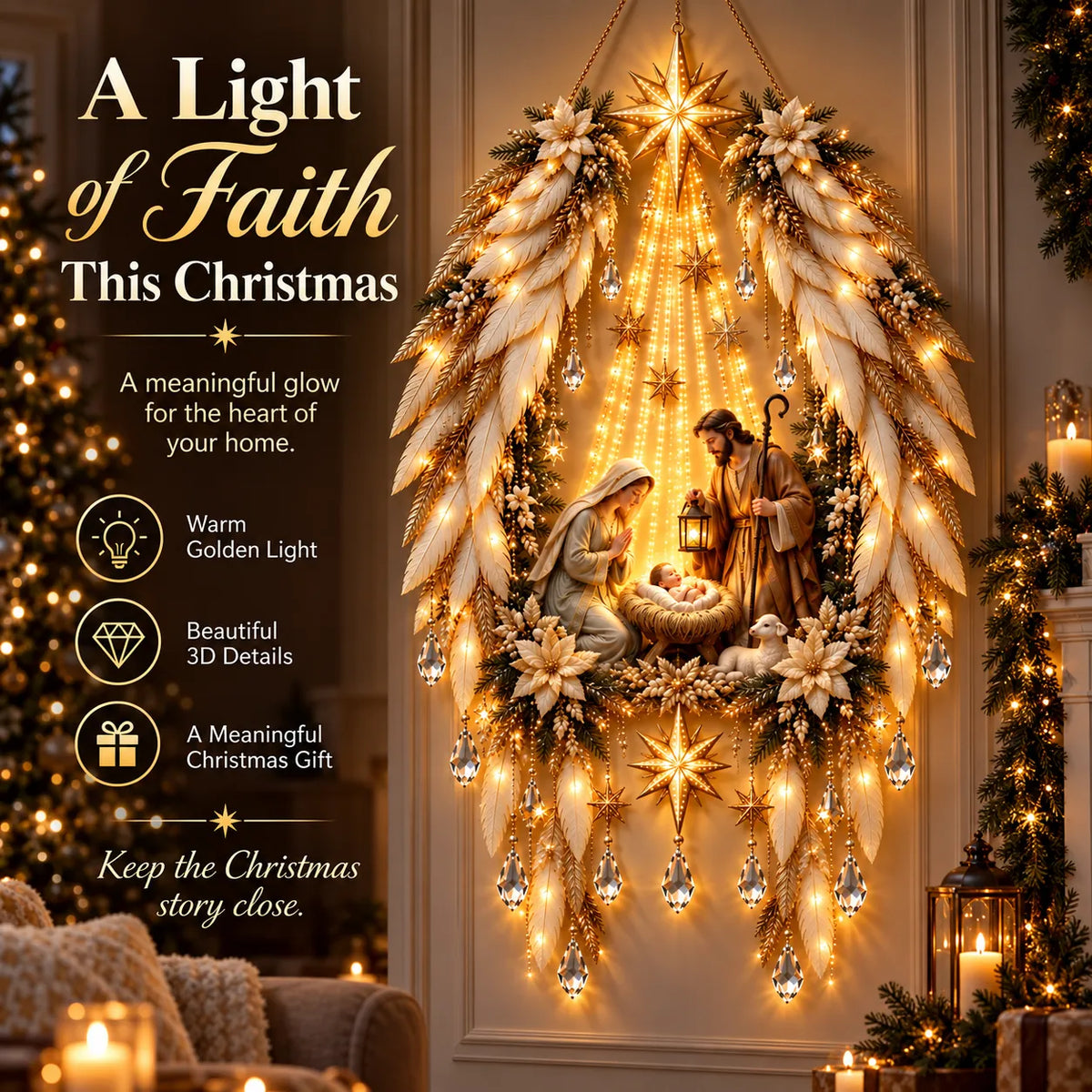 Nativity Wall Decoration Illuminated Warm Golden Lights