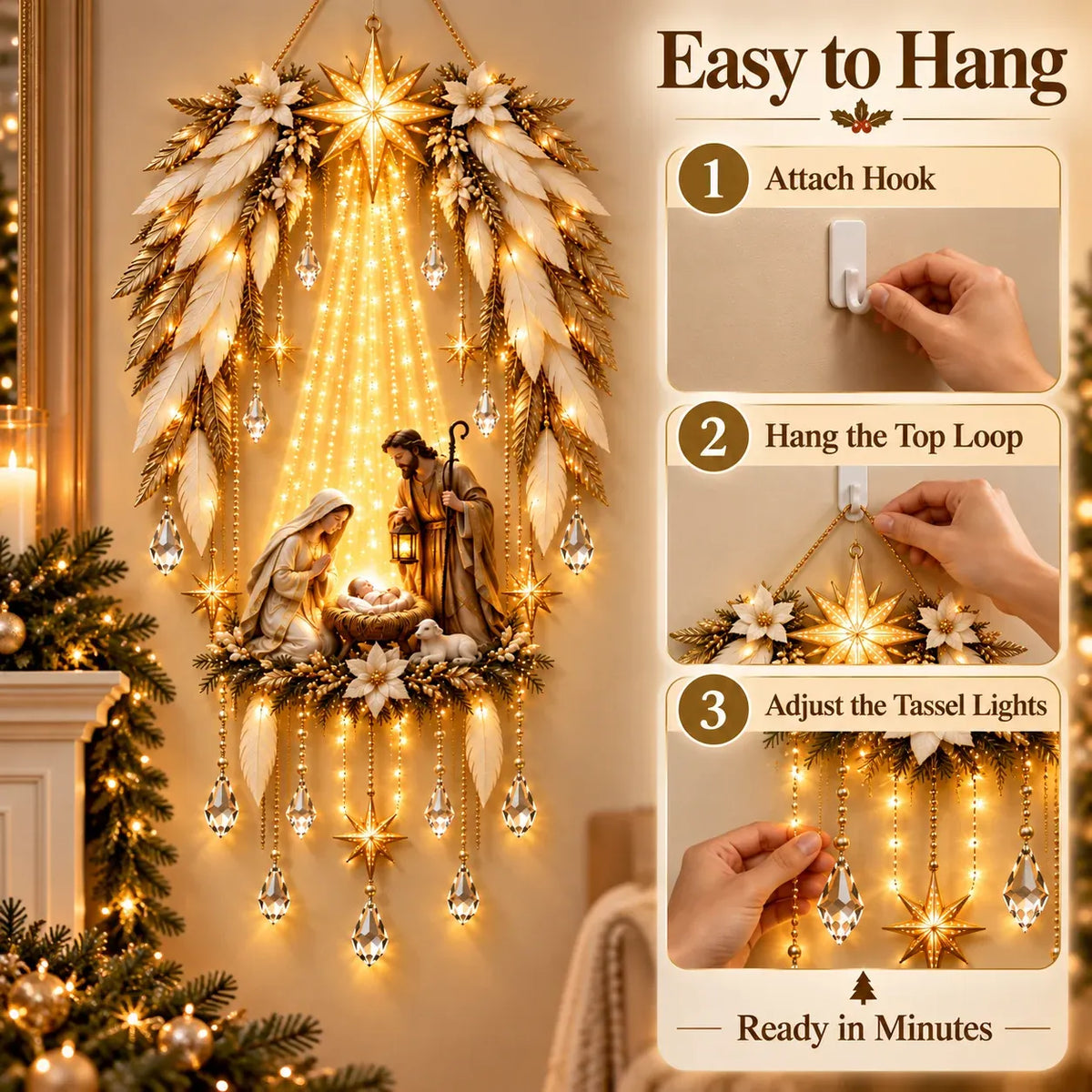 Nativity Wall Decoration Illuminated Warm Golden Lights