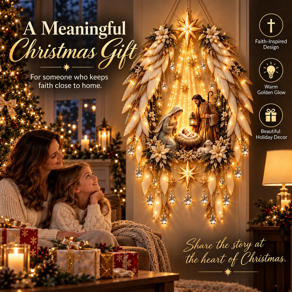 Nativity Wall Decoration Illuminated Warm Golden Lights