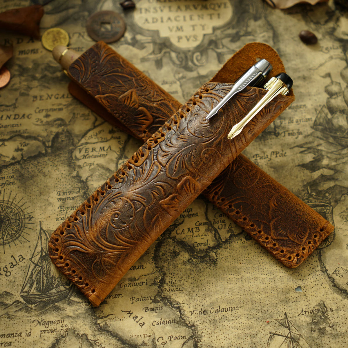 Pen Case Handmade Leather Floral Embossed Multi-Pen Storage