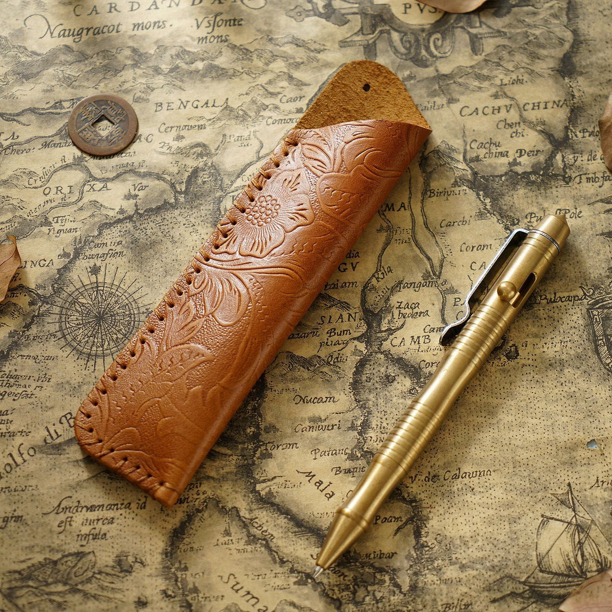 Pen Case Handmade Leather Floral Embossed Multi-Pen Storage
