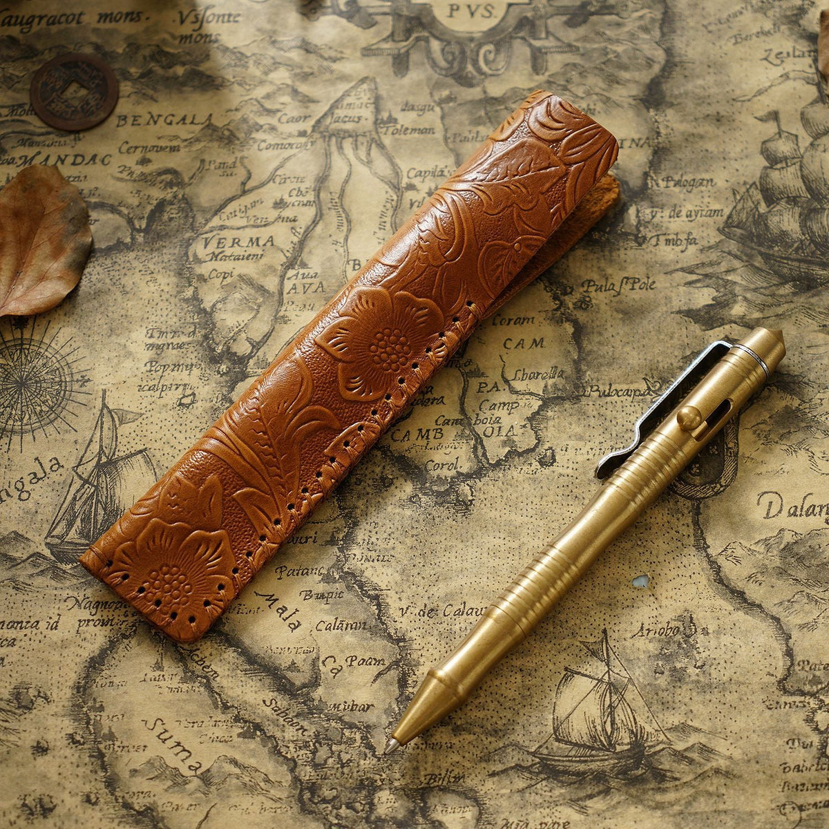 Pen Case Handmade Leather Floral Embossed Multi-Pen Storage