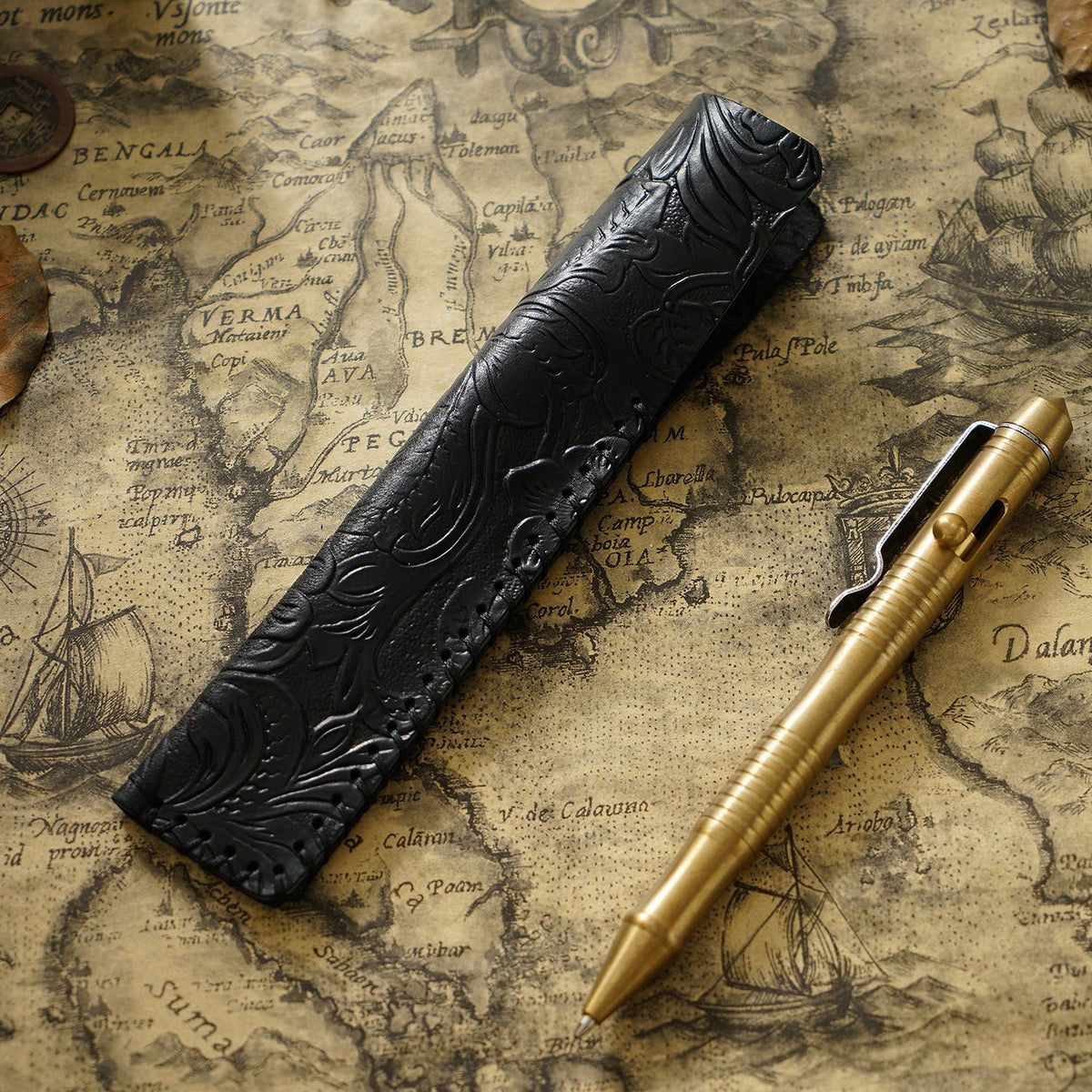 Pen Case Handmade Leather Floral Embossed Multi-Pen Storage