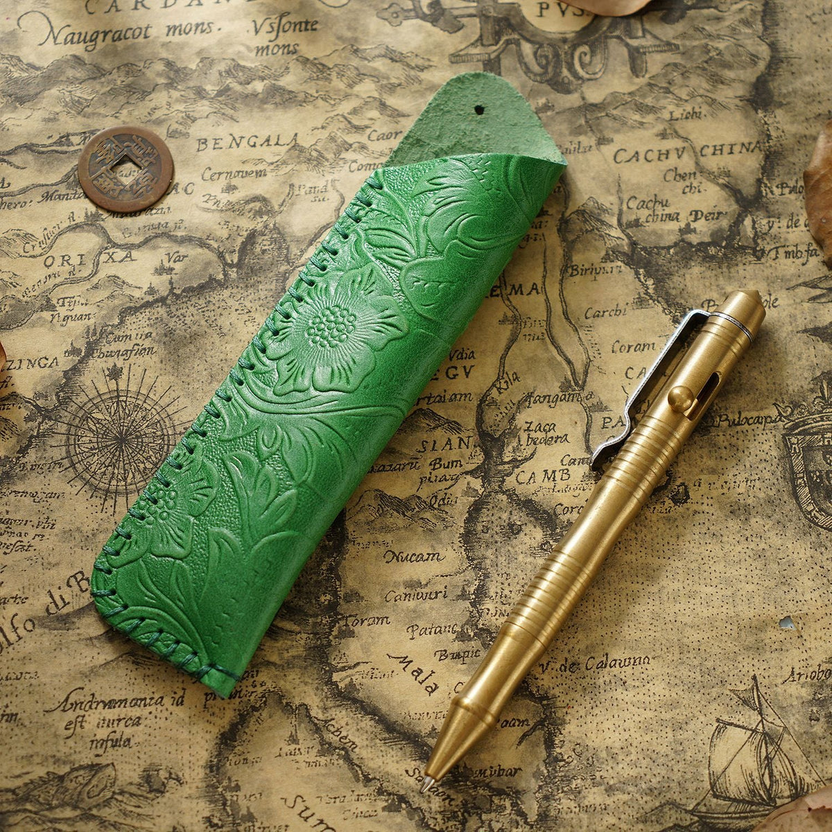 Pen Case Handmade Leather Floral Embossed Multi-Pen Storage