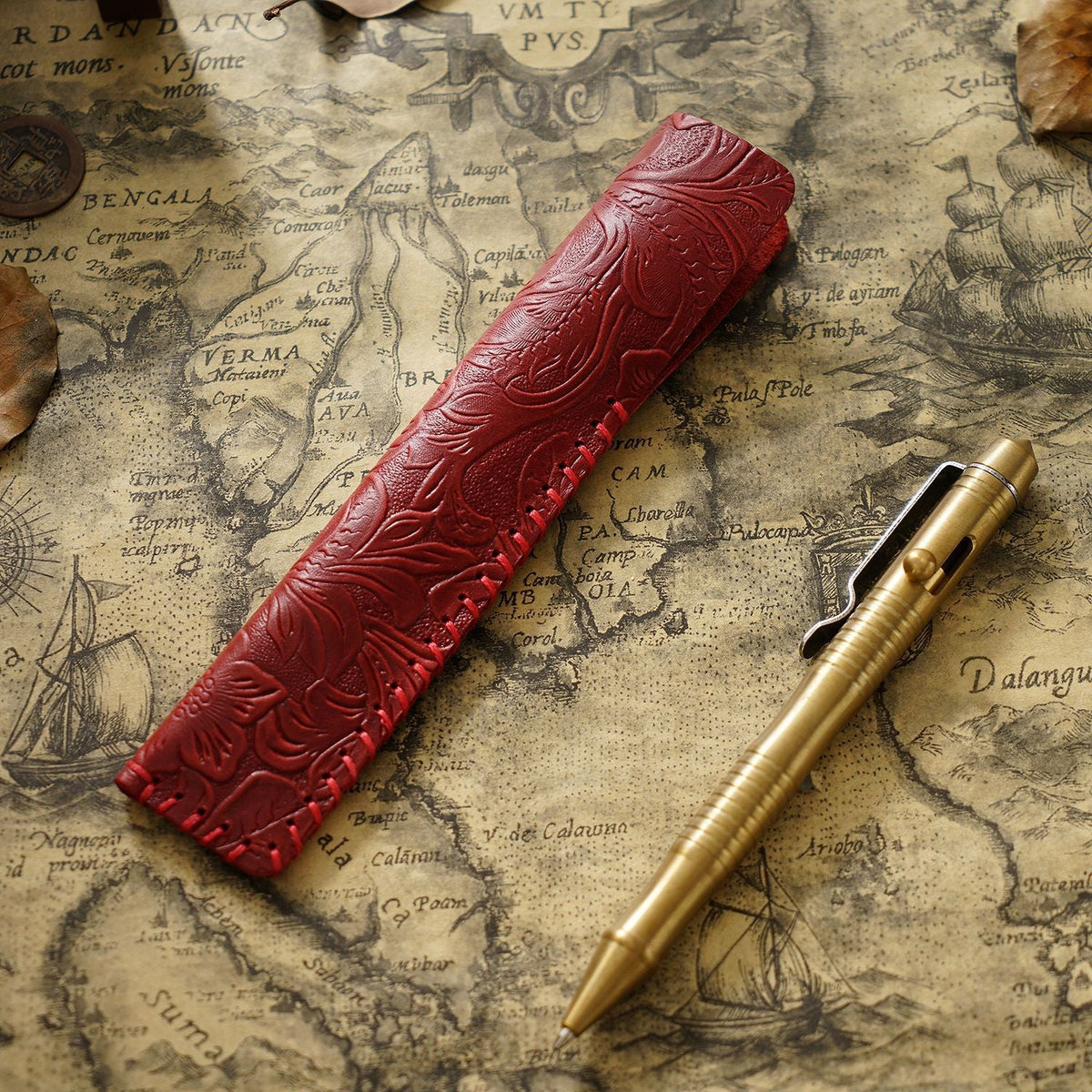 Pen Case Handmade Leather Floral Embossed Multi-Pen Storage