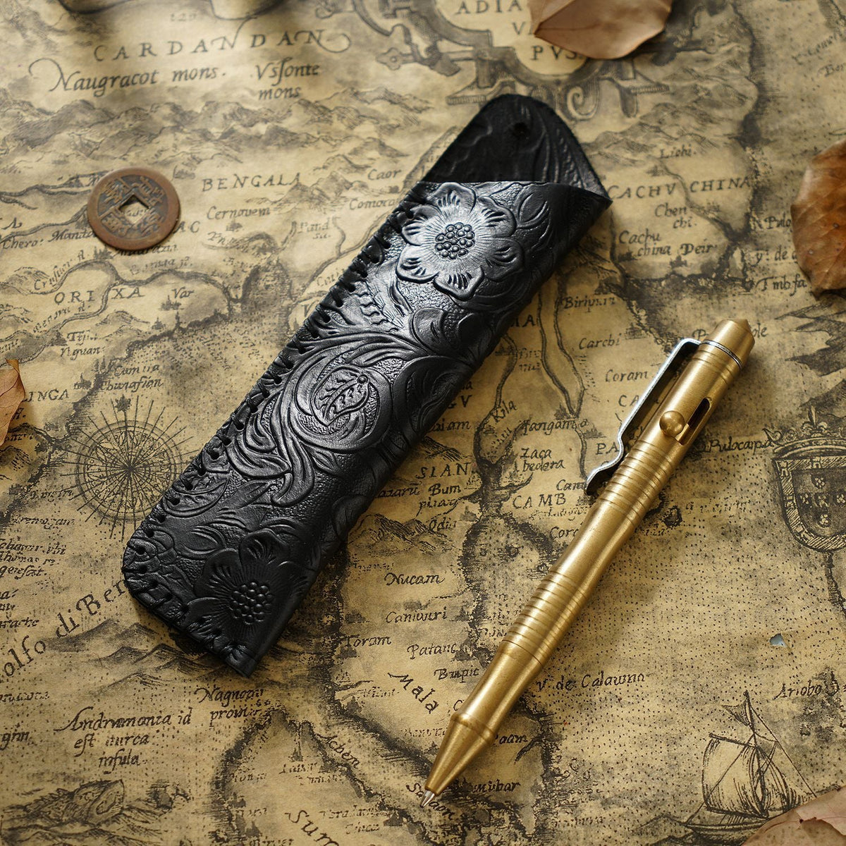 Pen Case Handmade Leather Floral Embossed Multi-Pen Storage