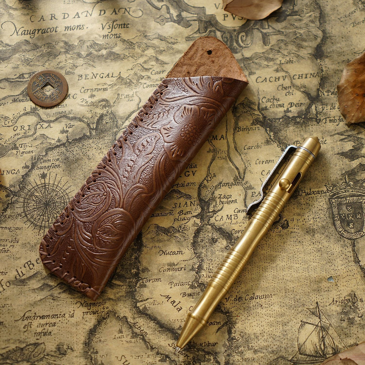 Pen Case Handmade Leather Floral Embossed Multi-Pen Storage