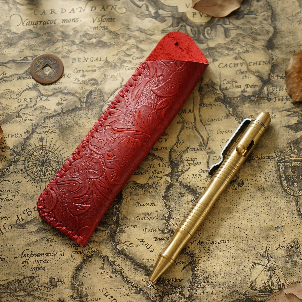 Pen Case Handmade Leather Floral Embossed Multi-Pen Storage