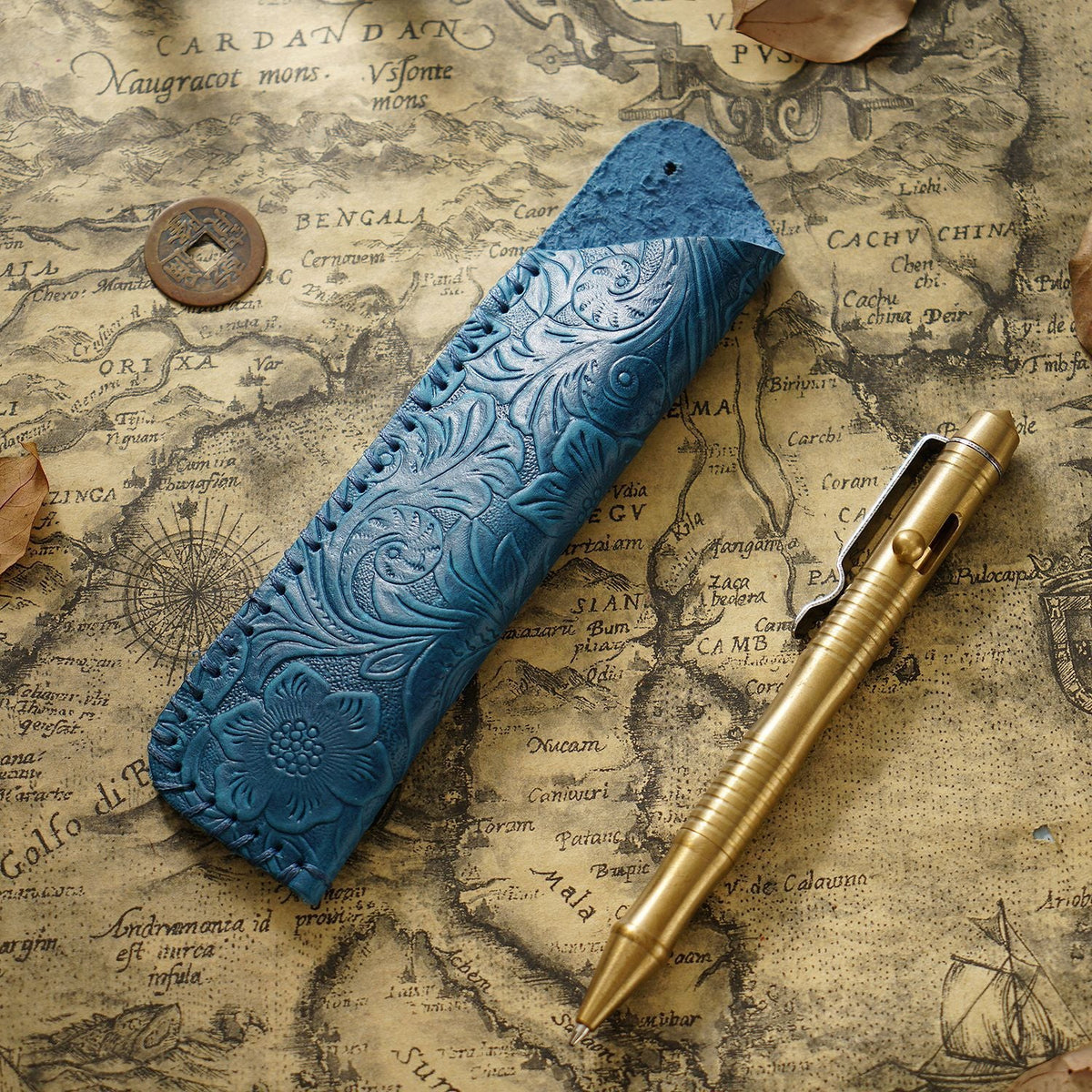 Pen Case Handmade Leather Floral Embossed Multi-Pen Storage