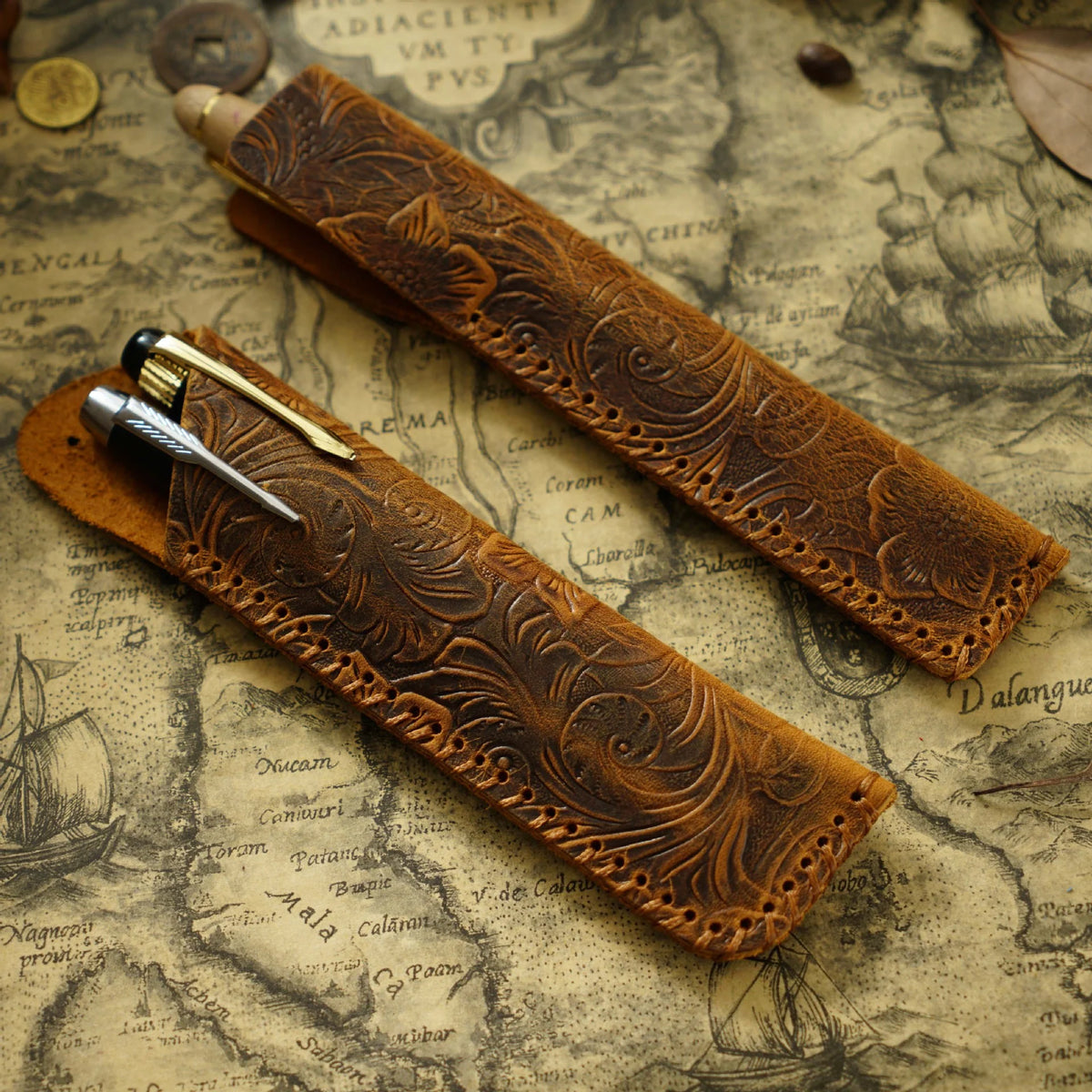 Pen Case Handmade Leather Floral Embossed Multi-Pen Storage