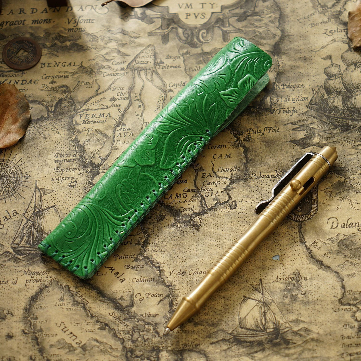Pen Case Handmade Leather Floral Embossed Multi-Pen Storage
