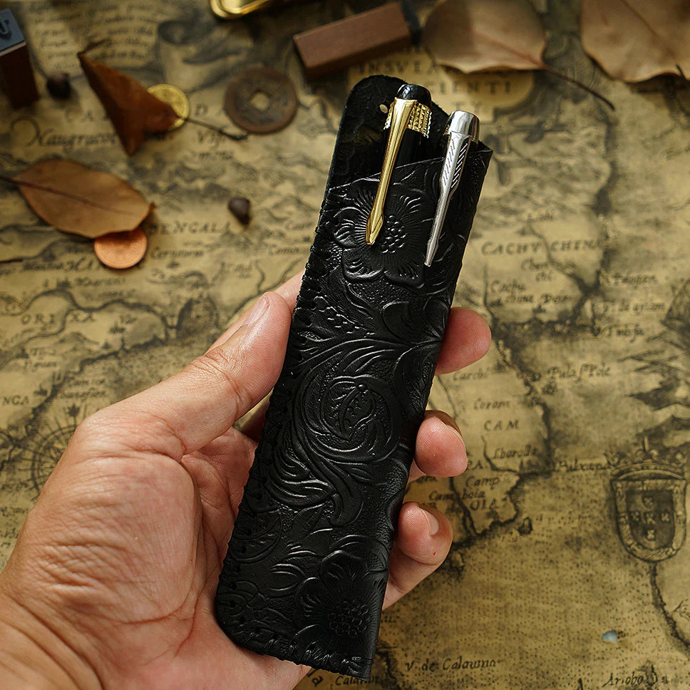 Pen Case Handmade Leather Floral Embossed Multi-Pen Storage