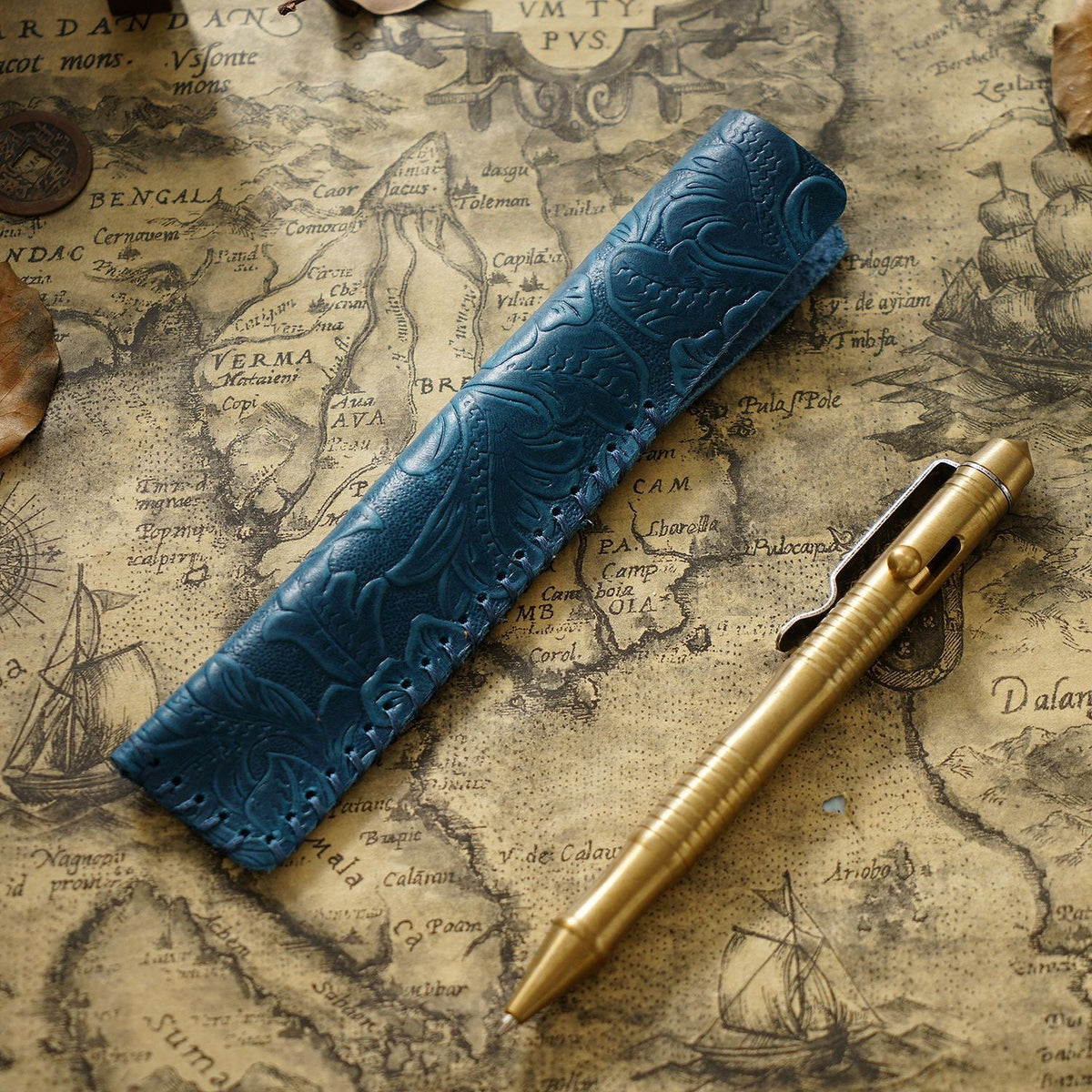 Pen Case Handmade Leather Floral Embossed Multi-Pen Storage