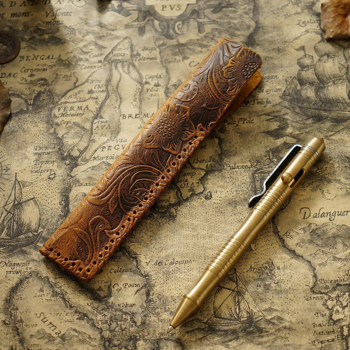 Pen Case Handmade Leather Floral Embossed Multi-Pen Storage