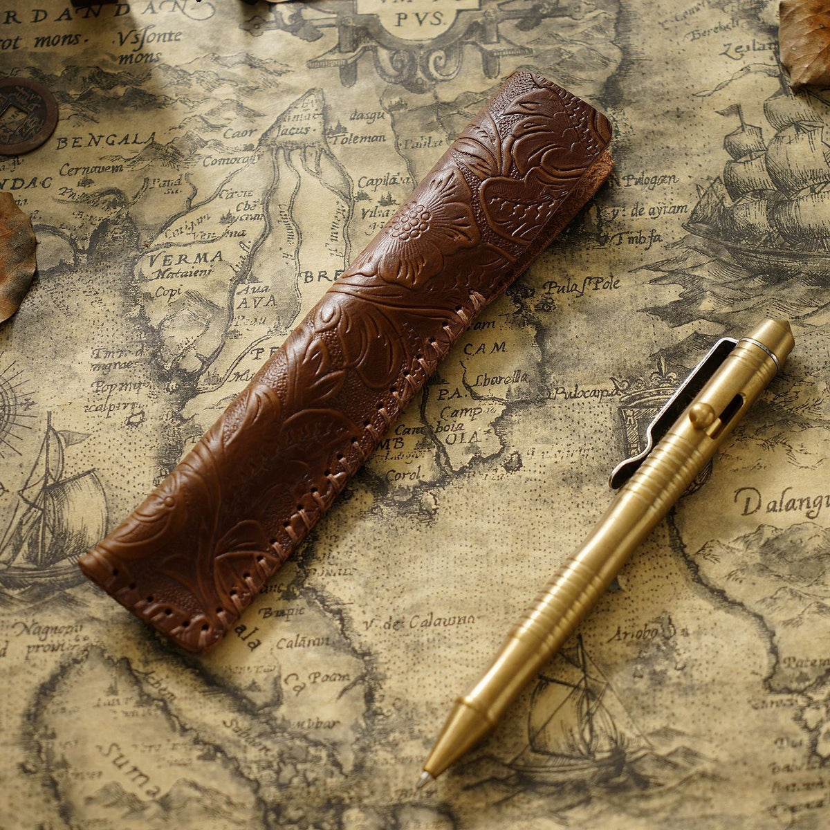 Pen Case Handmade Leather Floral Embossed Multi-Pen Storage