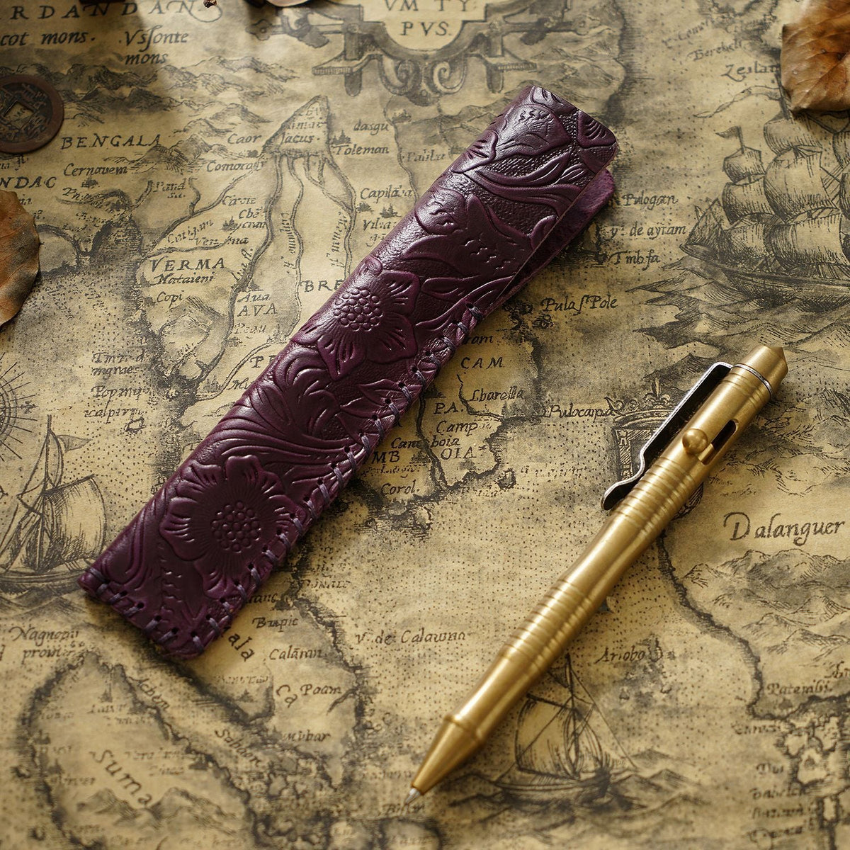 Pen Case Handmade Leather Floral Embossed Multi-Pen Storage