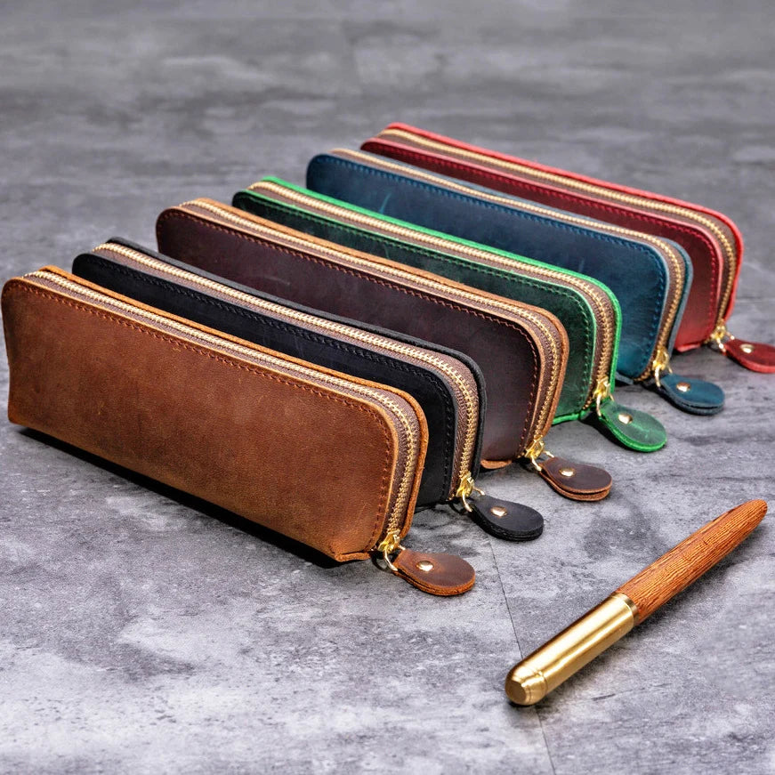 Pencil Case Leather Spacious Interior Zipper Closure