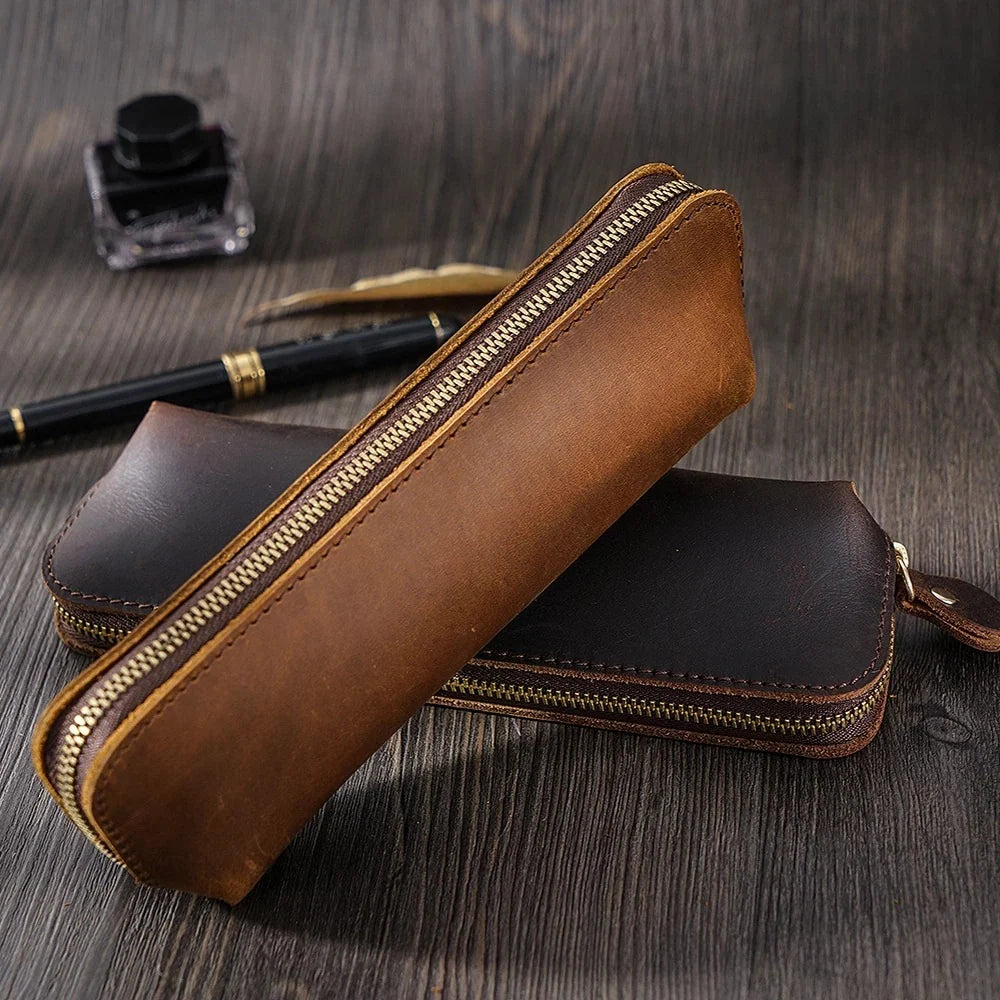 Pencil Case Leather Spacious Interior Zipper Closure