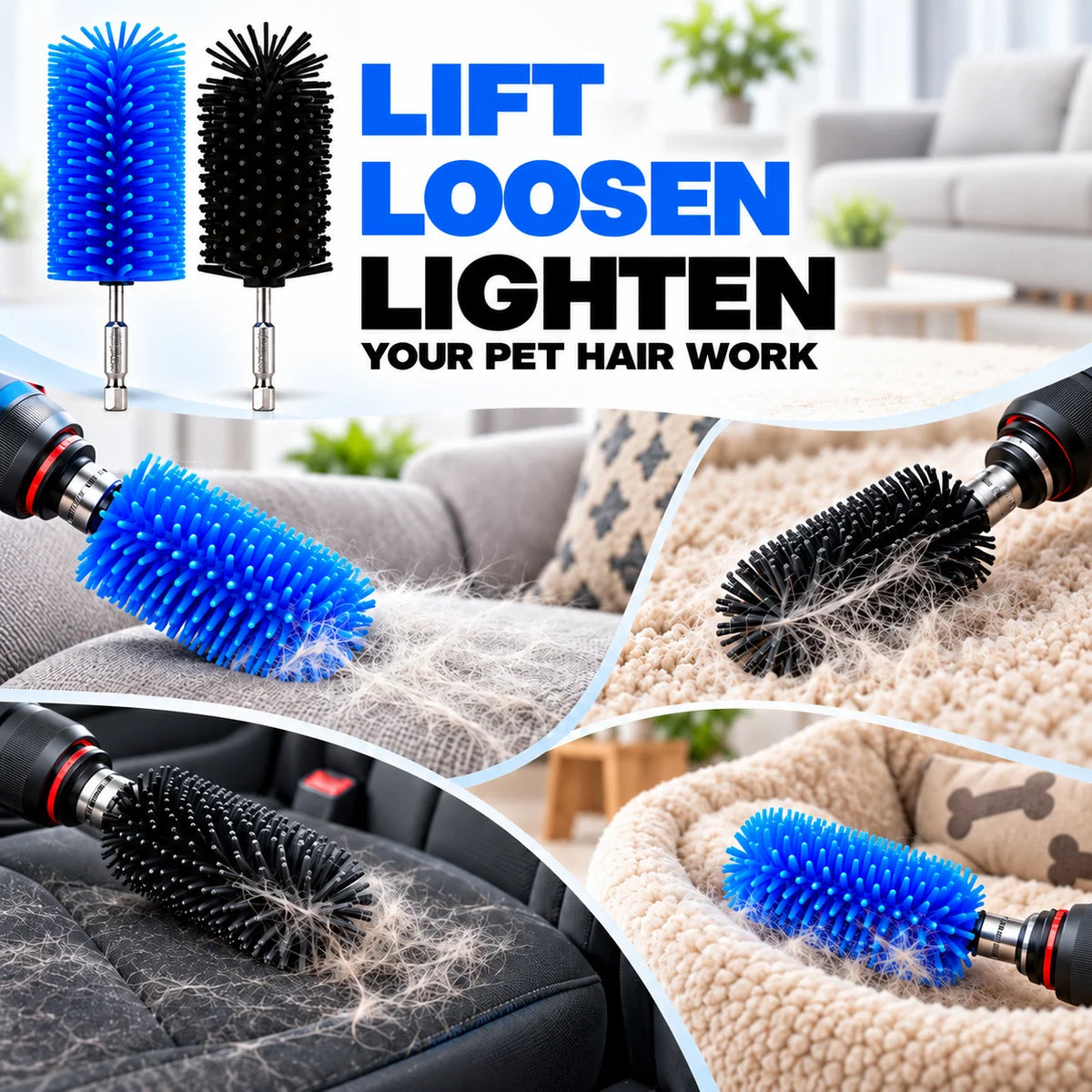 Pet Hair Removal Brush Set Drill-Powered Silicone Bristles