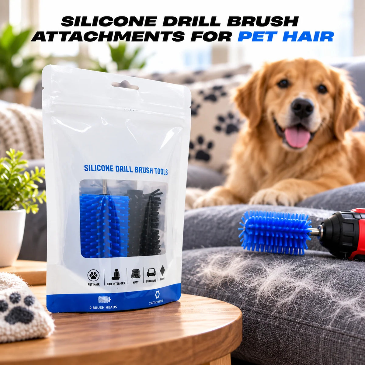 Pet Hair Removal Brush Set Drill-Powered Silicone Bristles