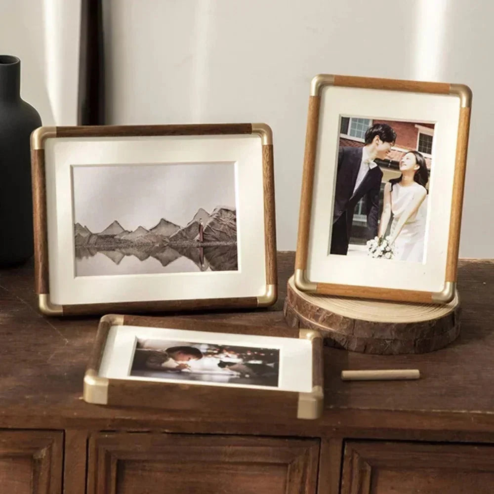 Picture Frame Solid Wood Brass-Finish Corners Freestanding Tabletop Display