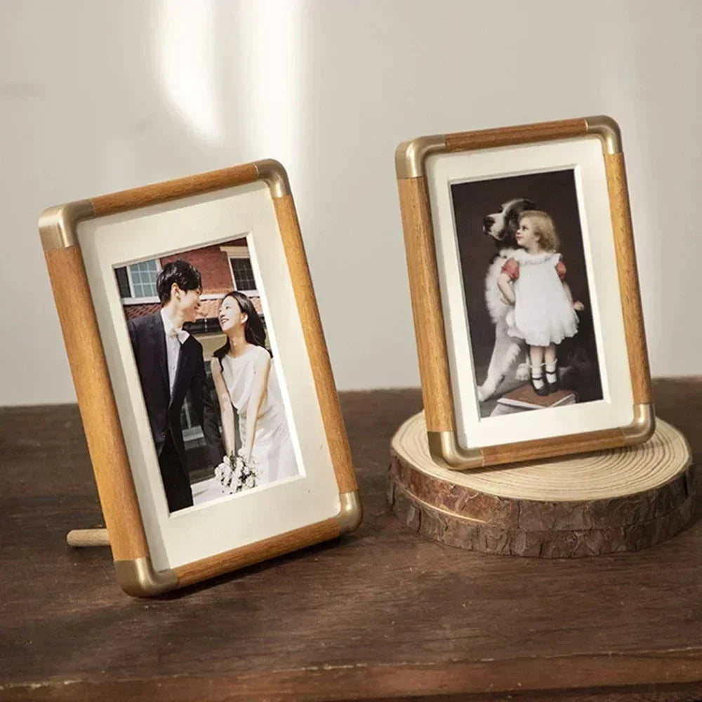 Picture Frame Solid Wood Brass-Finish Corners Freestanding Tabletop Display