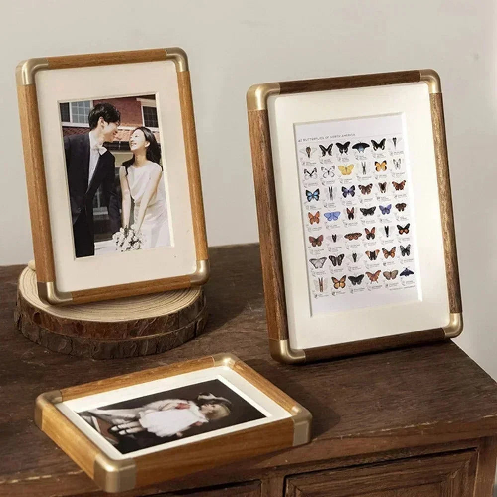 Picture Frame Solid Wood Brass-Finish Corners Freestanding Tabletop Display
