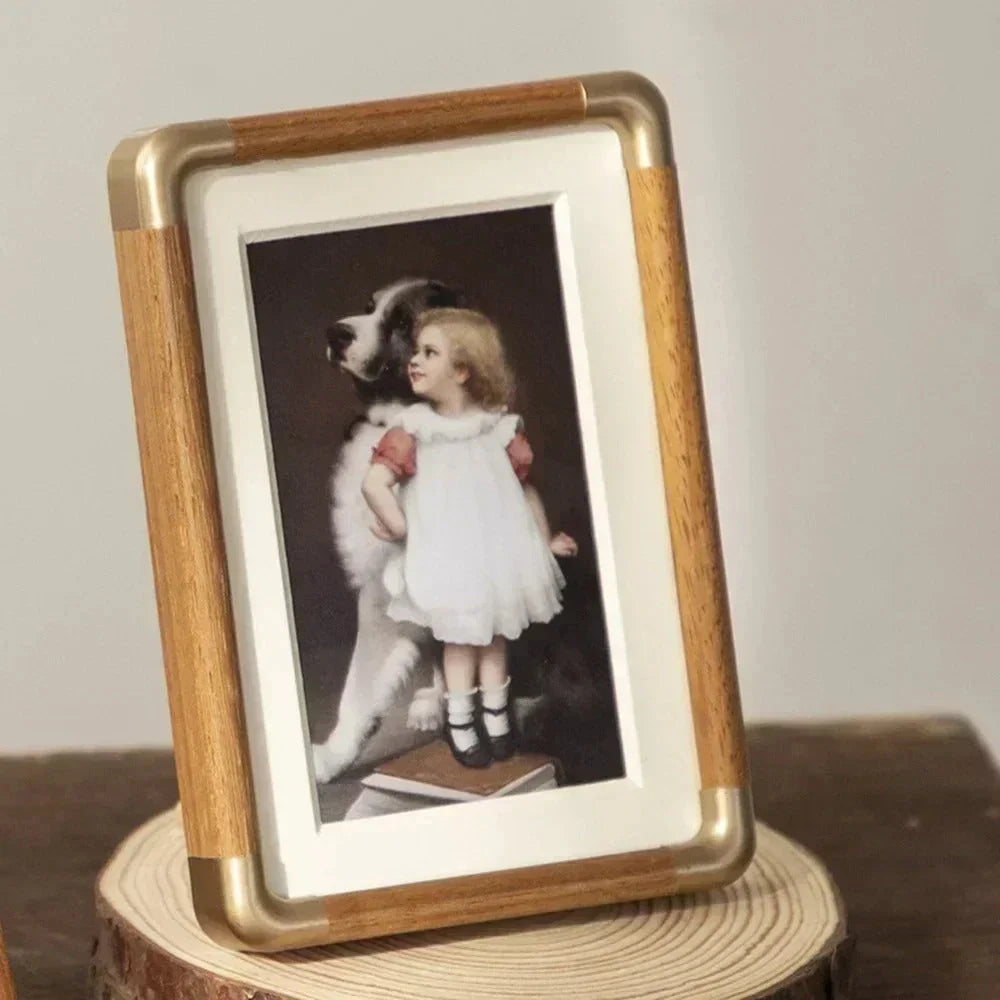 Picture Frame Solid Wood Brass-Finish Corners Freestanding Tabletop Display