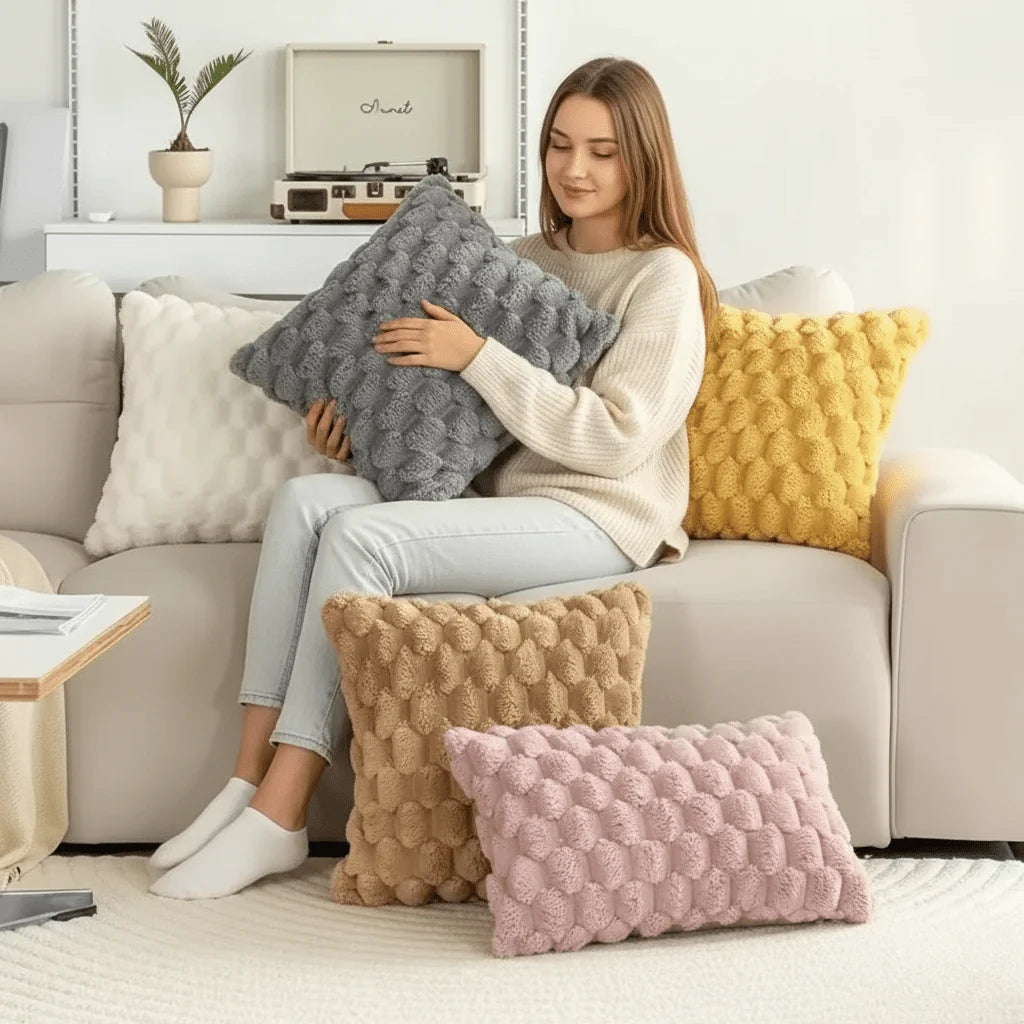 Pillow Cover 3D Grid Plush Machine Washable