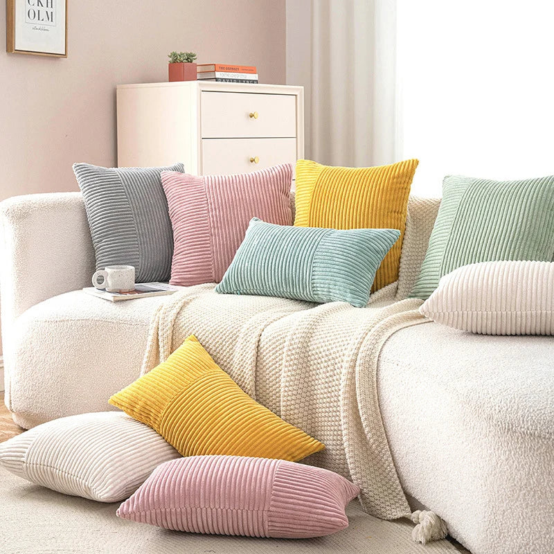 Pillow Cover Corduroy Mixed Ribbed Design Hidden Zipper