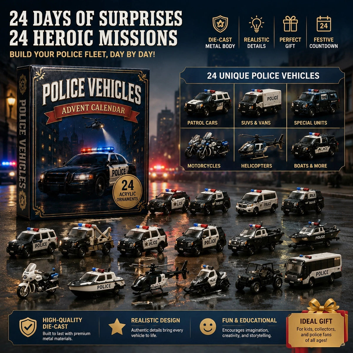 Police Vehicle Advent Calendar 24 Vehicles Across Land, Air & Sea