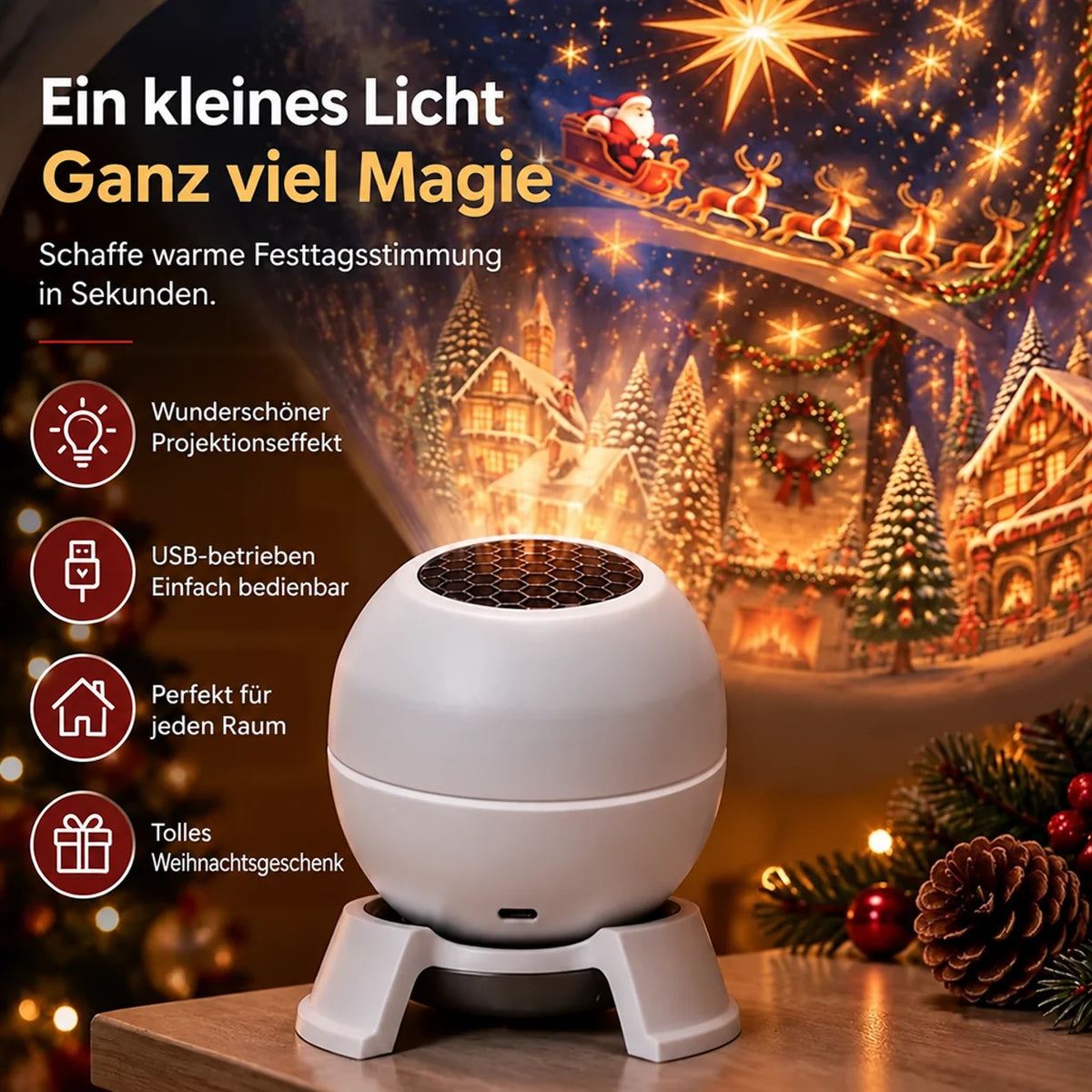 Projection Night Light Christmas Scenes USB-Powered Compact