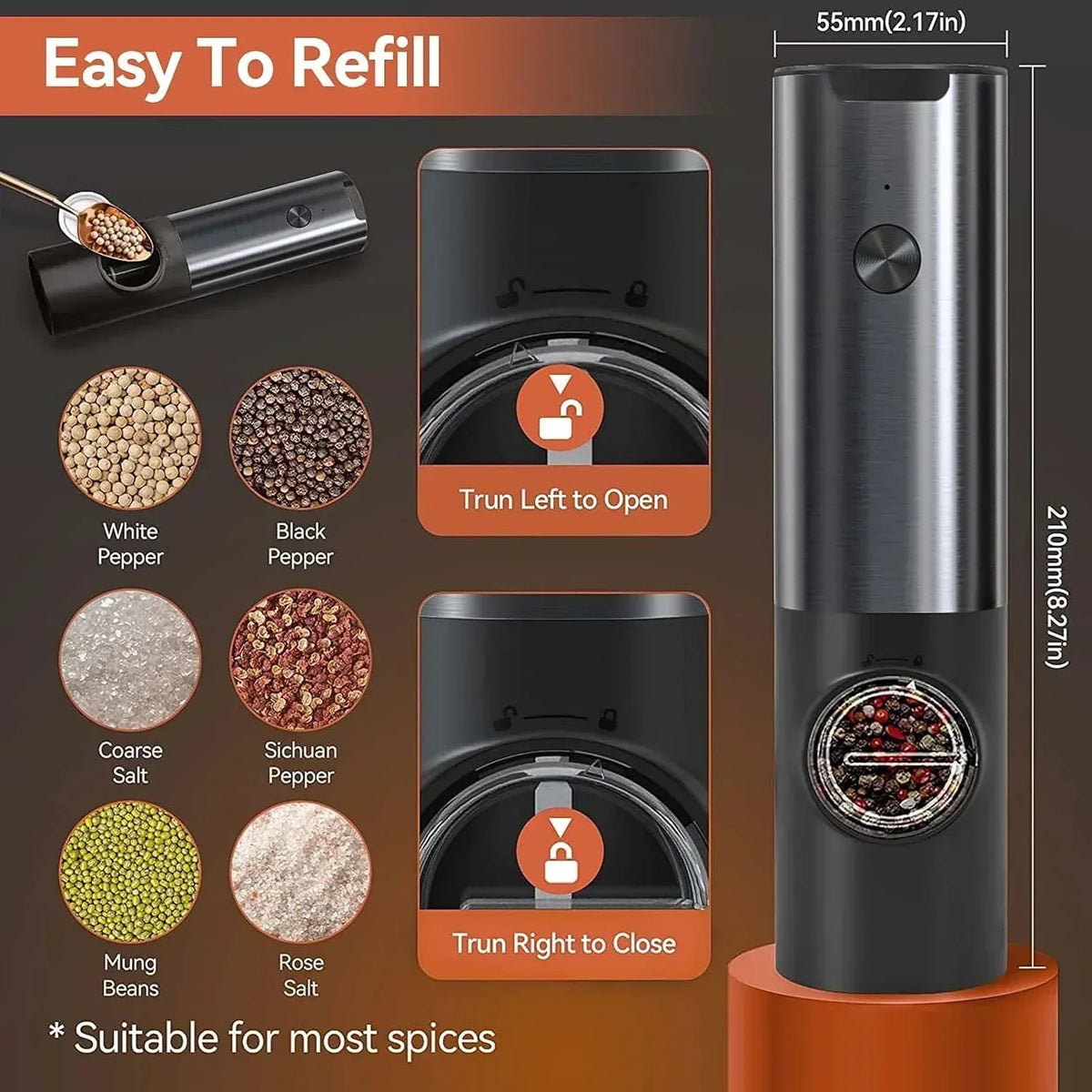 Salt And Pepper Grinder Set Electric USB-C Rechargeable Five Settings