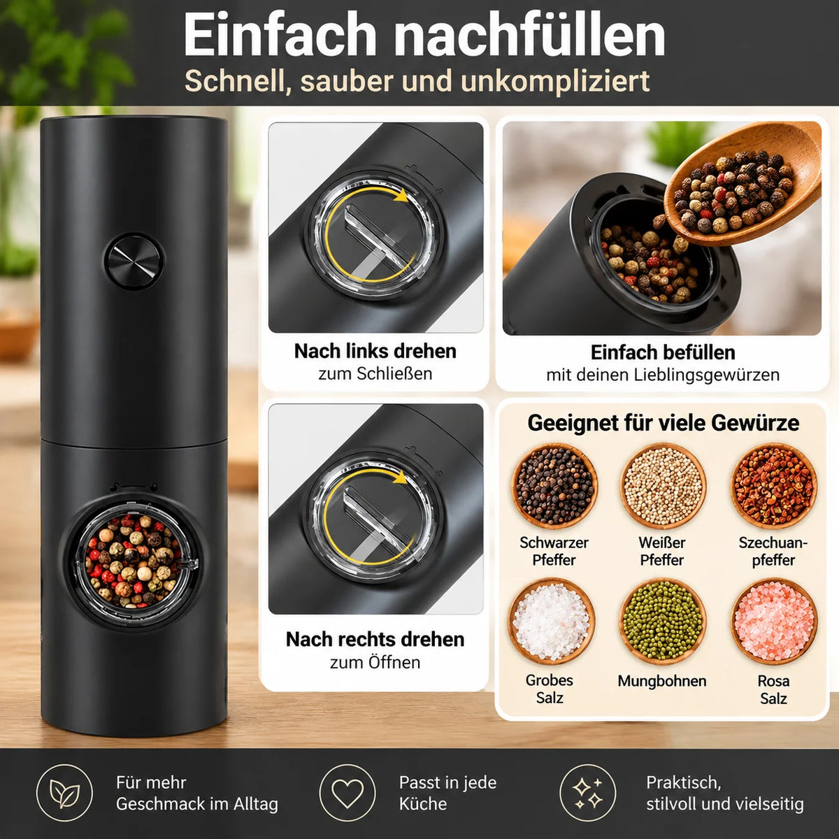 Salt & Pepper Grinder Set Tilt-Activated Adjustable Grind