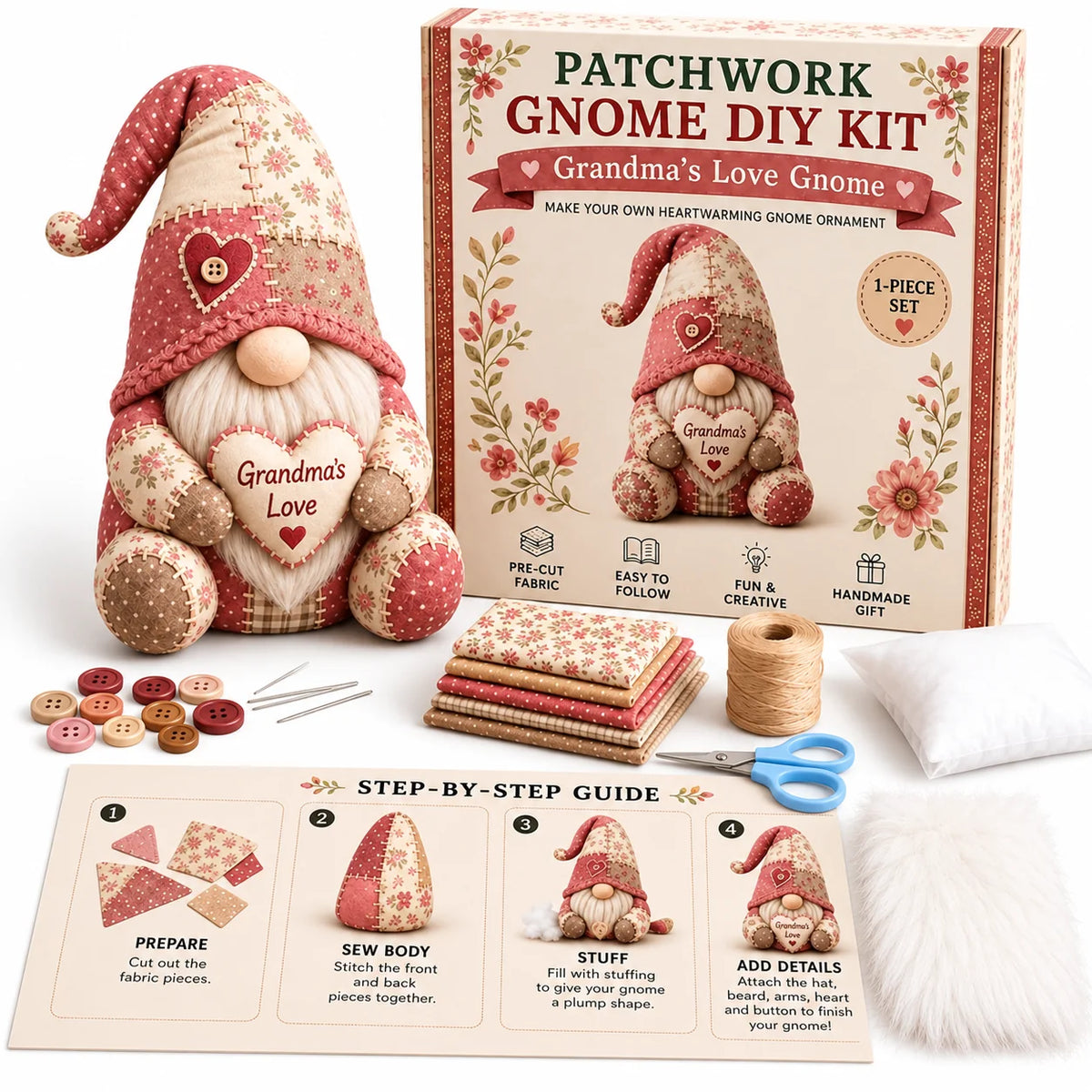 Sewing Kit Patchwork Gnome Hand-Sewn DIY Craft