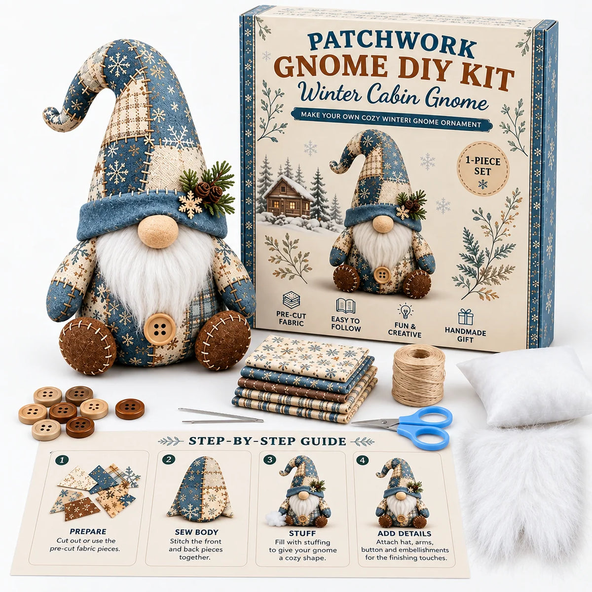 Sewing Kit Patchwork Gnome Hand-Sewn DIY Craft