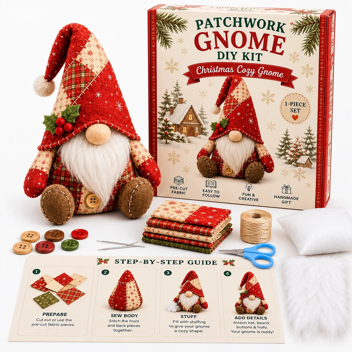 Sewing Kit Patchwork Gnome Hand-Sewn DIY Craft
