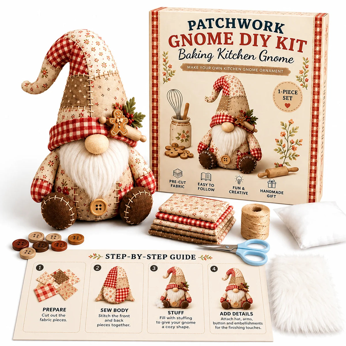 Sewing Kit Patchwork Gnome Hand-Sewn DIY Craft