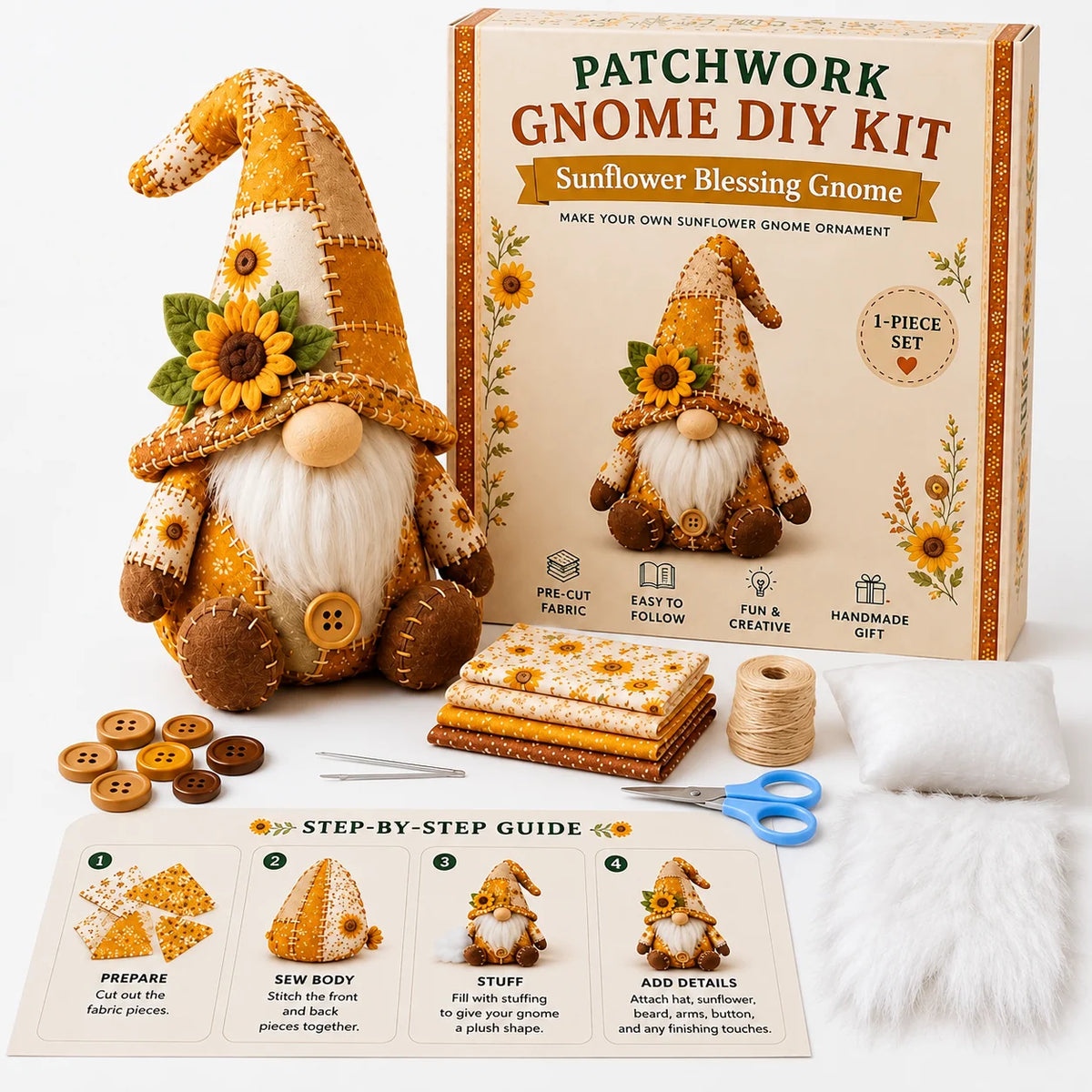 Sewing Kit Patchwork Gnome Hand-Sewn DIY Craft