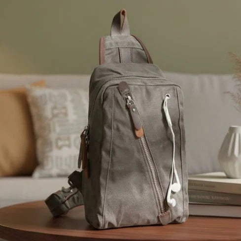 Sling Backpack Canvas Vegan Leather Trim Multiple Compartments