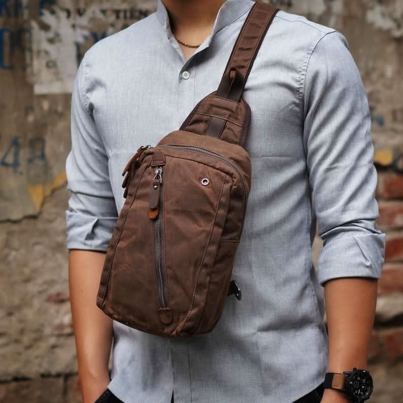 Sling Backpack Canvas Vegan Leather Trim Multiple Compartments
