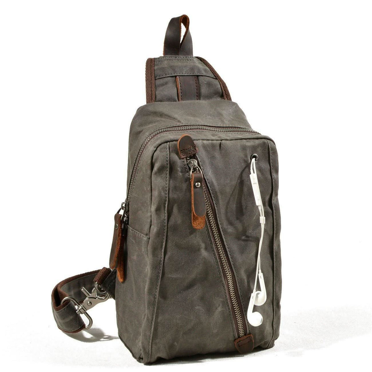 Sling Backpack Canvas Vegan Leather Trim Multiple Compartments