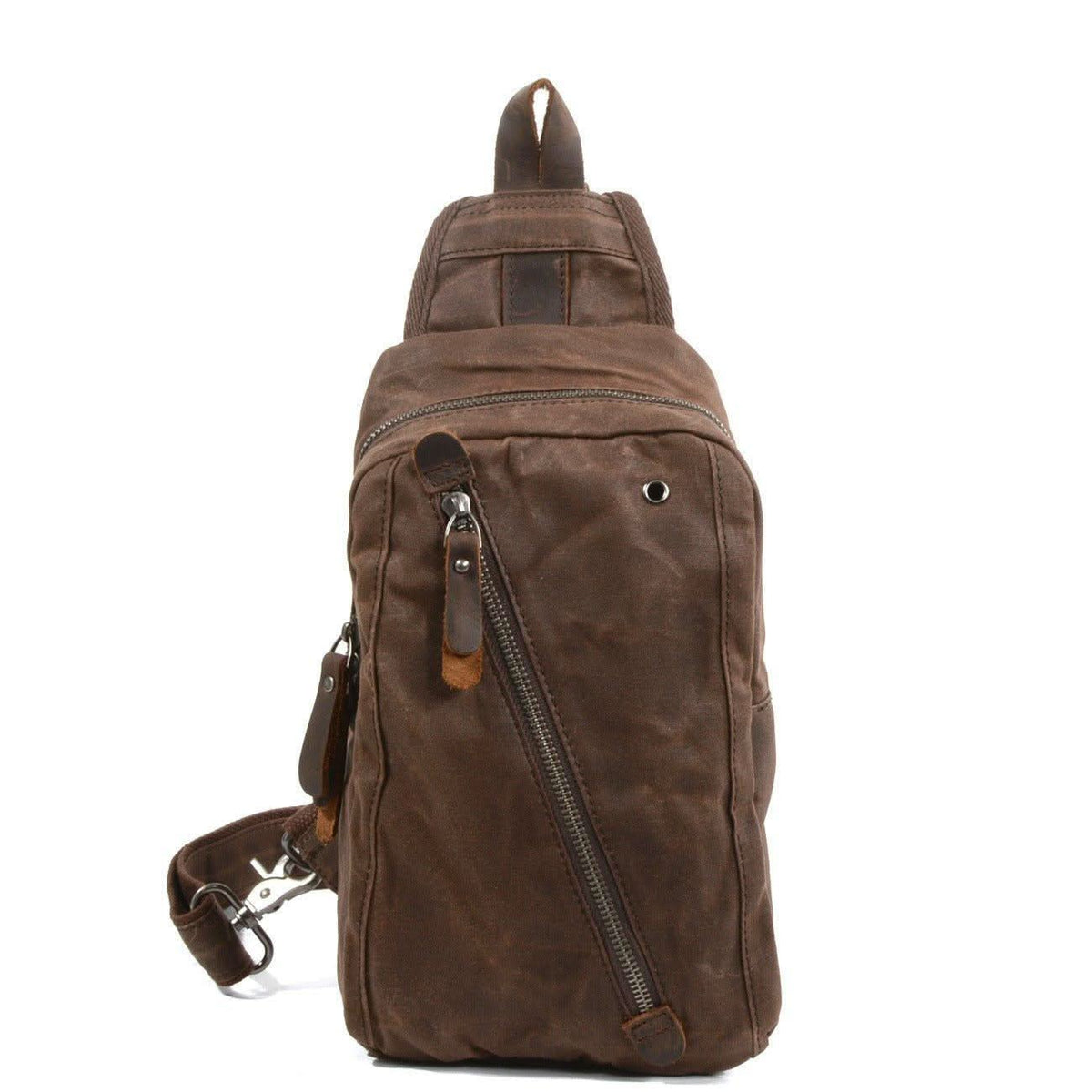 Sling Backpack Canvas Vegan Leather Trim Multiple Compartments