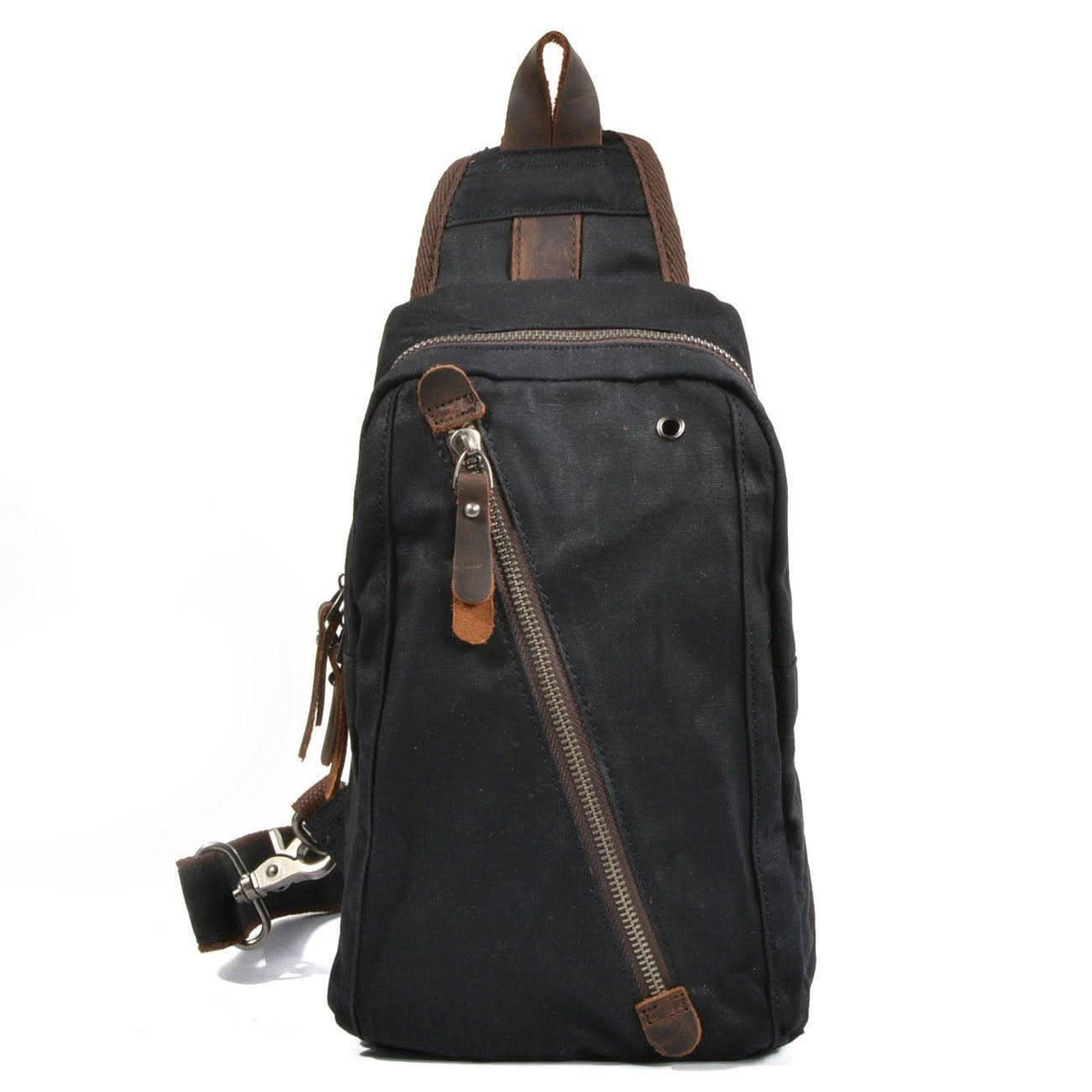 Sling Backpack Canvas Vegan Leather Trim Multiple Compartments