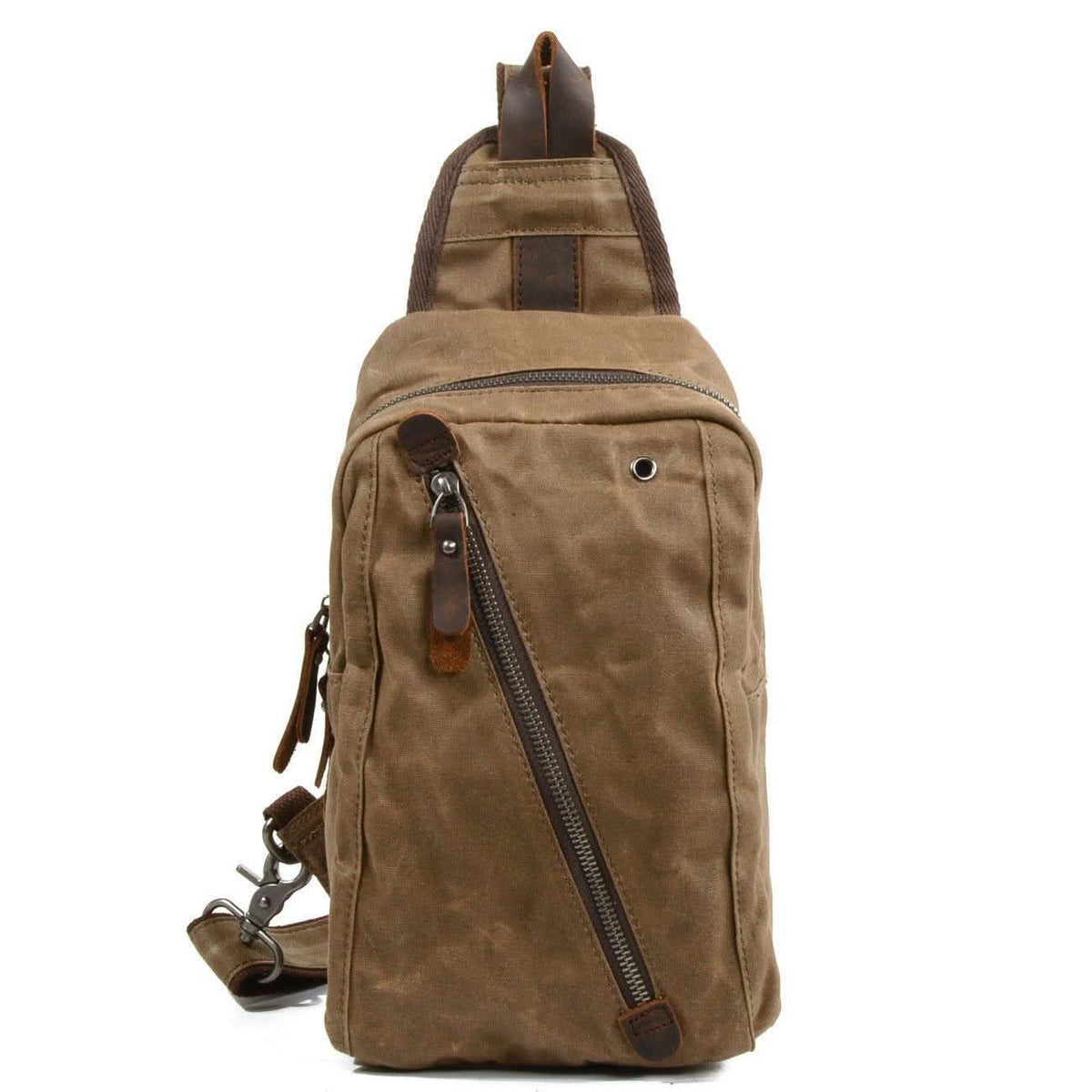 Sling Backpack Canvas Vegan Leather Trim Multiple Compartments