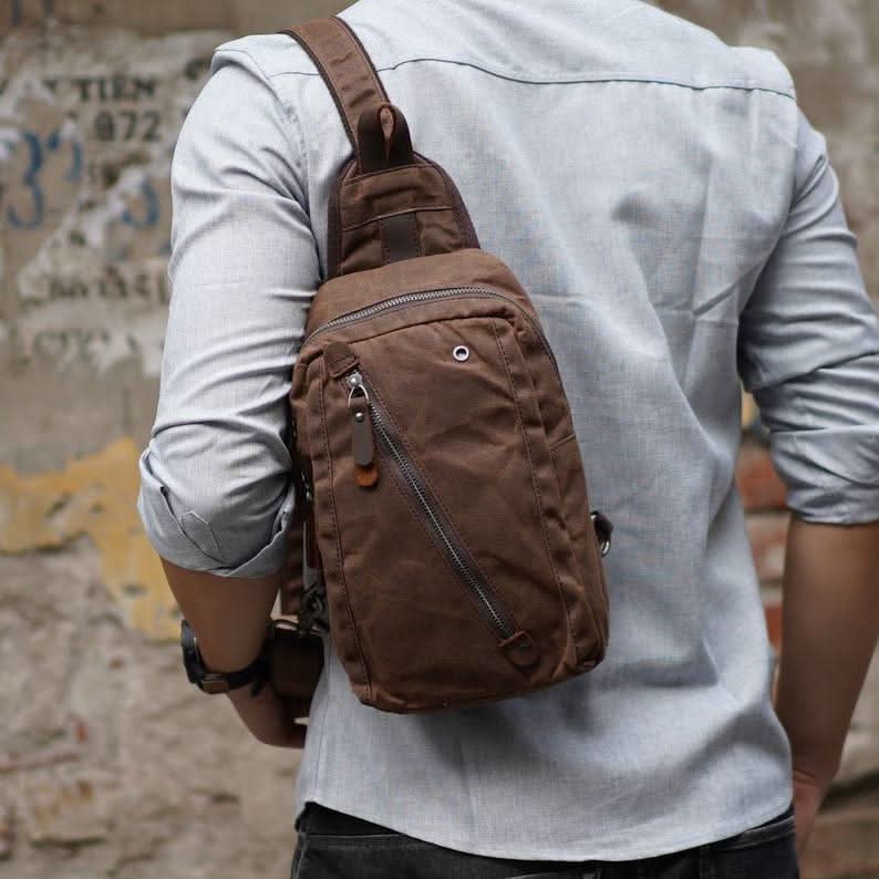 Sling Backpack Canvas Vegan Leather Trim Multiple Compartments