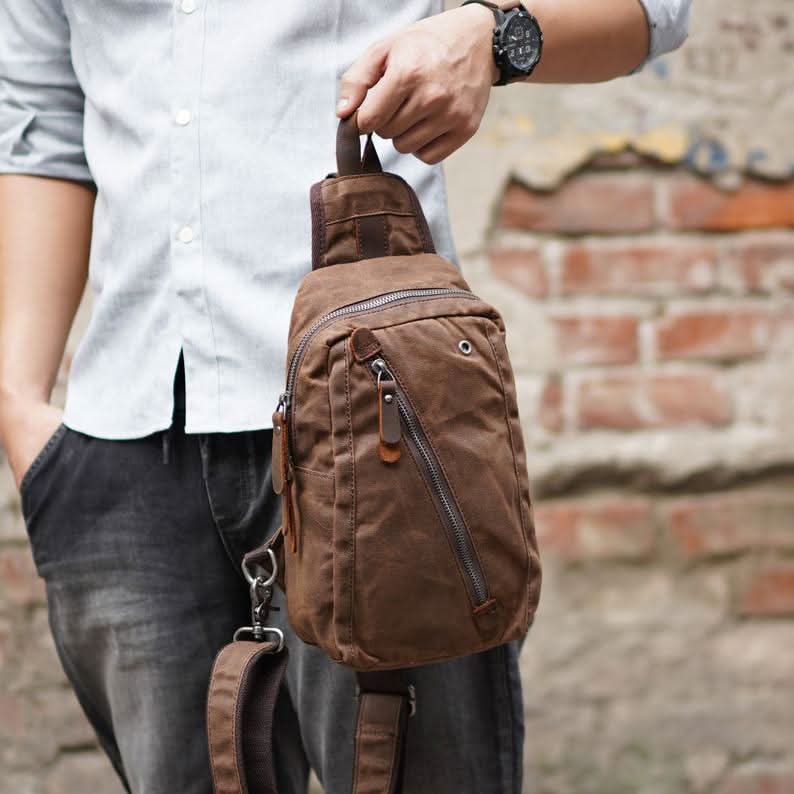 Sling Backpack Canvas Vegan Leather Trim Multiple Compartments