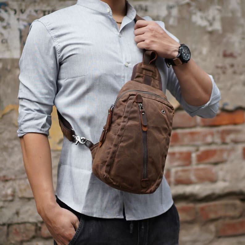 Sling Backpack Canvas Vegan Leather Trim Multiple Compartments